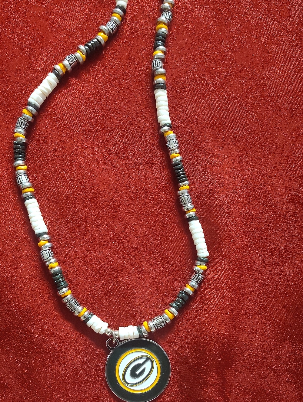 Black, White & Yellow Beaded Necklace with Round Pendant